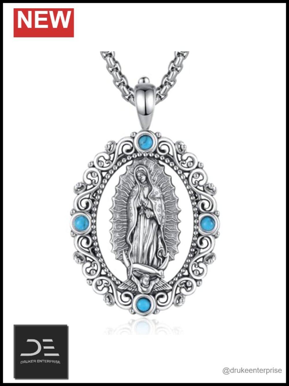 Vito 925 Sterling Silver Our Lady of Guadalupe Pendant Necklace Turquoise